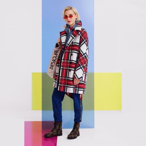 NWT Desigual red & white tartan print coat jacket, US12 - Picture 4 of 15